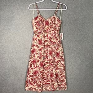 Jessica Simpson Dress XS Red Cream Midi Paisley Smocked Corset Milkmaid Romantic